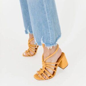Free People Colette Cinched Block Heels | Size 36.5 | Tan Strappy Sandals